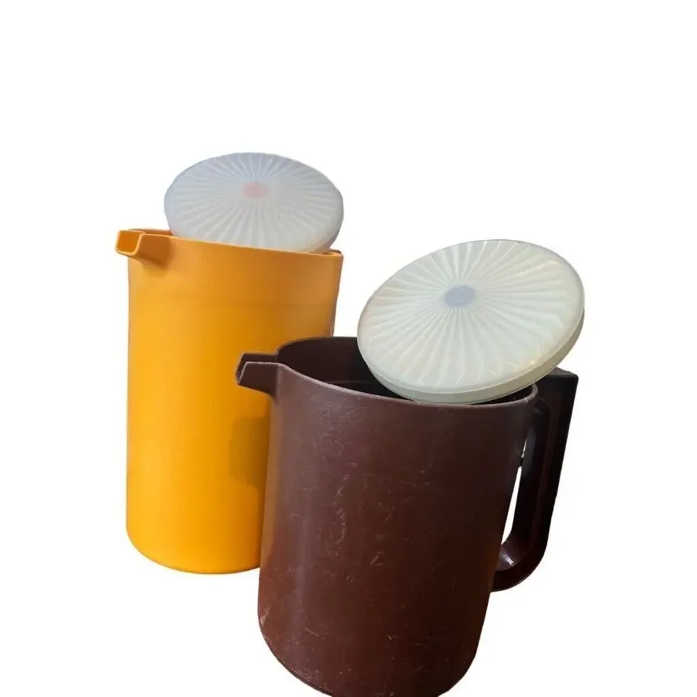 Vintage Yellow Apricot Tupperware 2 Quart Brown 1.5 qt Pitchers Push Button Lids